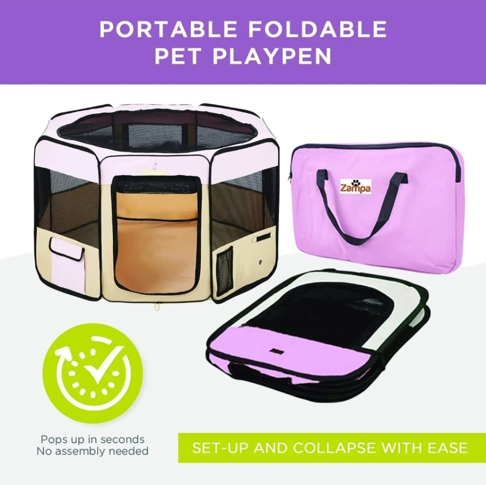 Portable Foldable Pet Playpen - Pink & Cream